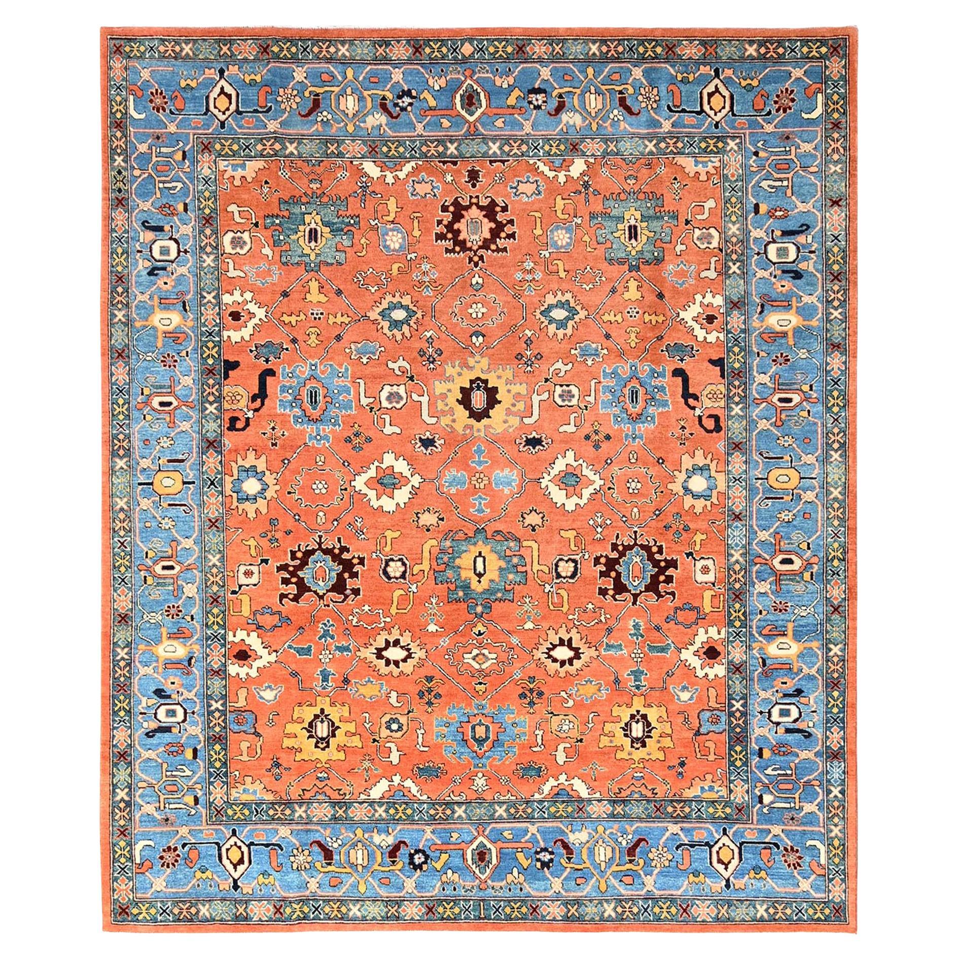 8
2"x9
8" Orange Afghan Peshawar Heriz All Over Design Hand Knotted Wool Rug For Sale