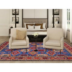 8'2"x9'9" Blue Afghan Ersari with Caucasian Design Revival Hand Knotted Wool Rug