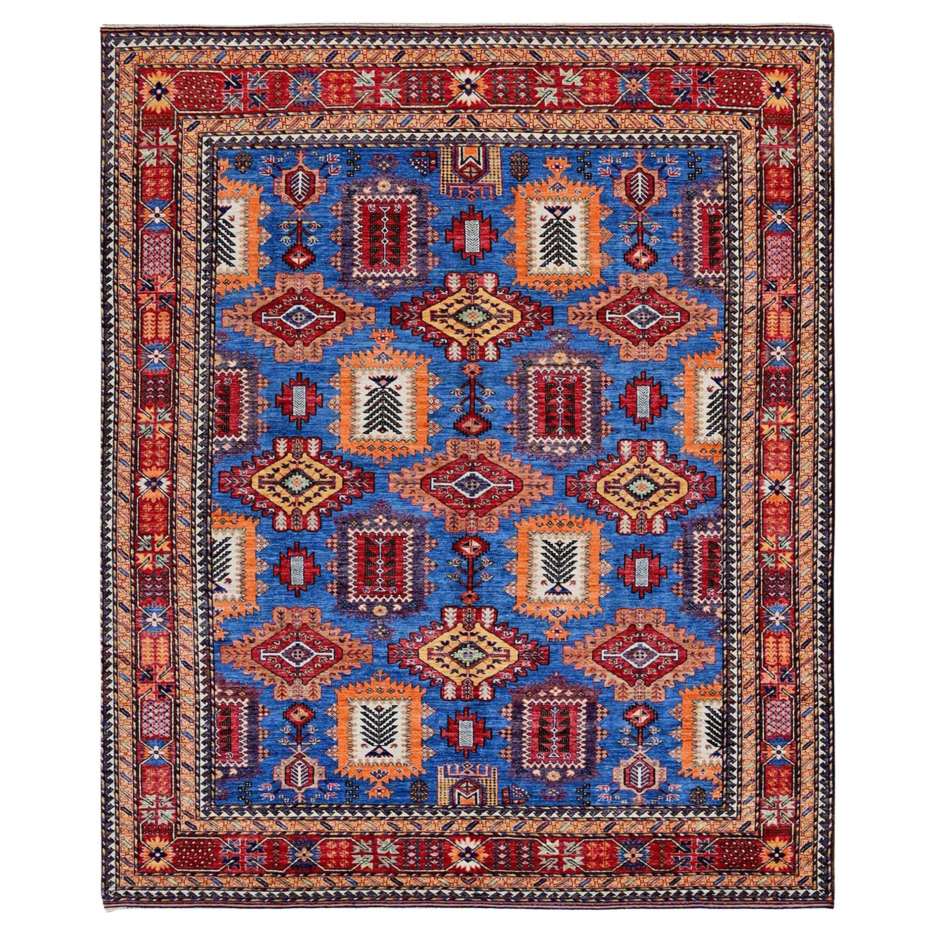 8'2 "x9'9" Blauer afghanischer Ersari mit kaukasischem Design Revival handgeknüpfter Wollteppich