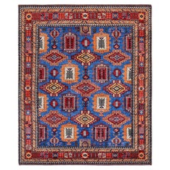 8'2 "x9'9" Blauer afghanischer Ersari mit kaukasischem Design Revival handgeknüpfter Wollteppich