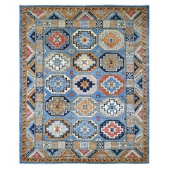 8'2"x9'9" Blue Afghan Ersari with Elephant Feet Design Hand Knotted All Wool Rug