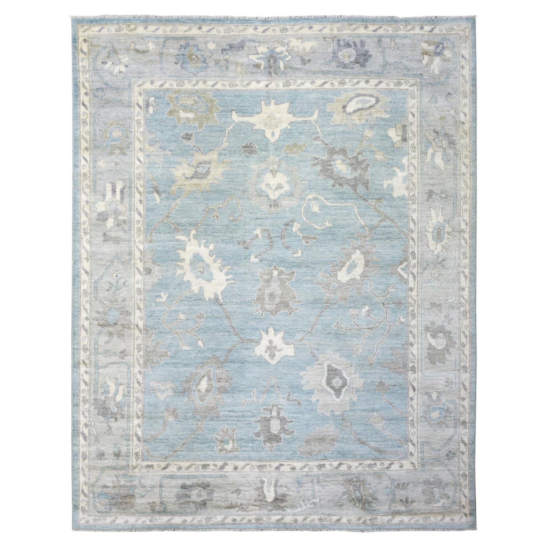 8
2"x9
9" Blue Angora Oushak Colorful Leaf Design Afghan Wool Hand Knotted Rug