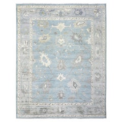 8
2"x9
9" Blue Angora Oushak Colorful Leaf Design Afghan Wool Hand Knotted Rug