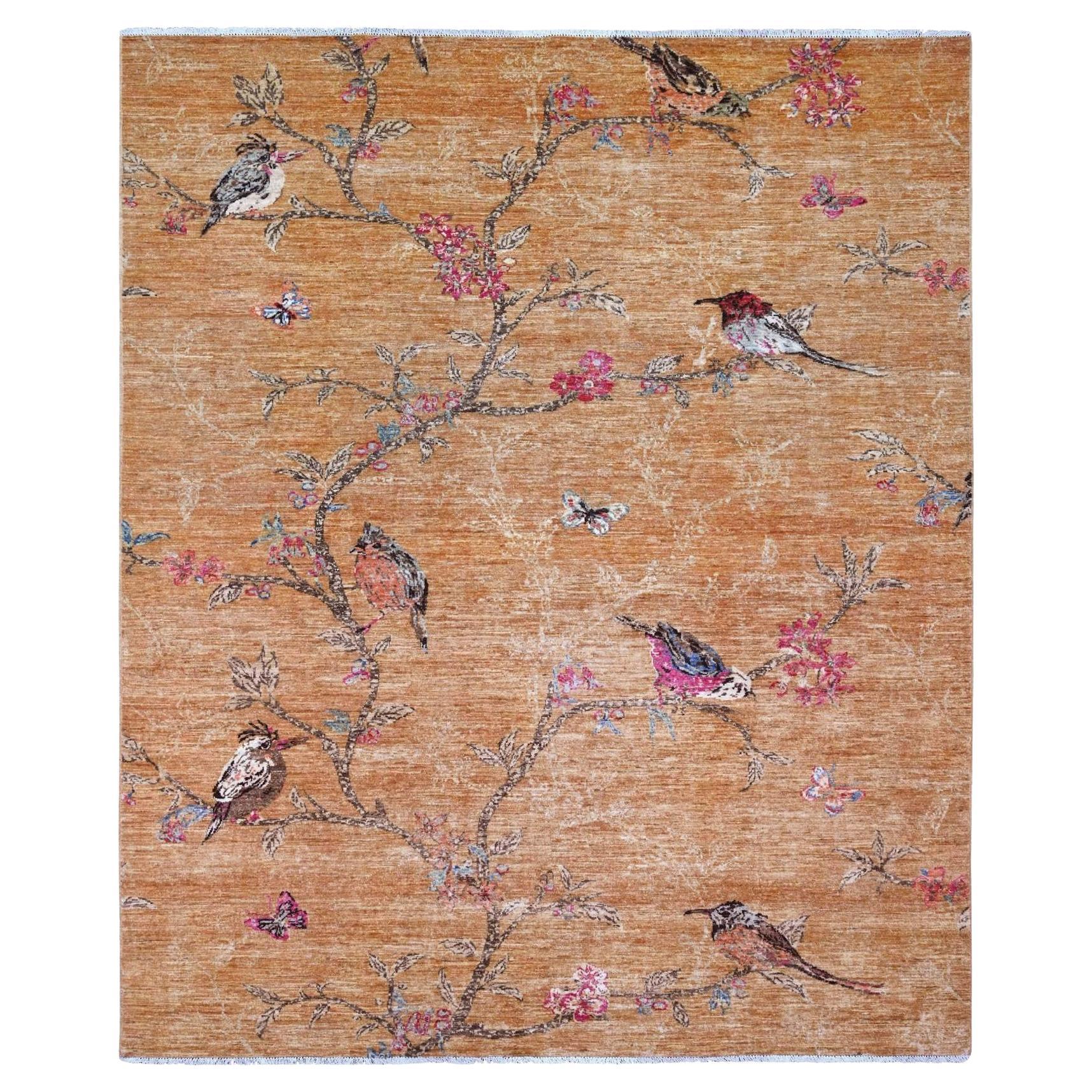 8'2 "x9'9" Brown Sparrow on the Tree Rugs en laine de haute montagne nouée à la main Peshawar