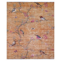 8'2 "x9'9" Brown Sparrow on the Tree Rugs en laine de haute montagne nouée à la main Peshawar