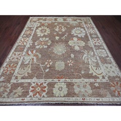 8'2 "x9'9" Cedro Marrón Anudada a Mano Angora Oushak Diseño de Hojas Alfombra Oriental de Lana