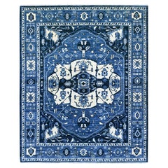 8'2"x9'9" Denim Blue Serapi Heriz Design Peshawar Wool Hand Knotted Oriental Rug