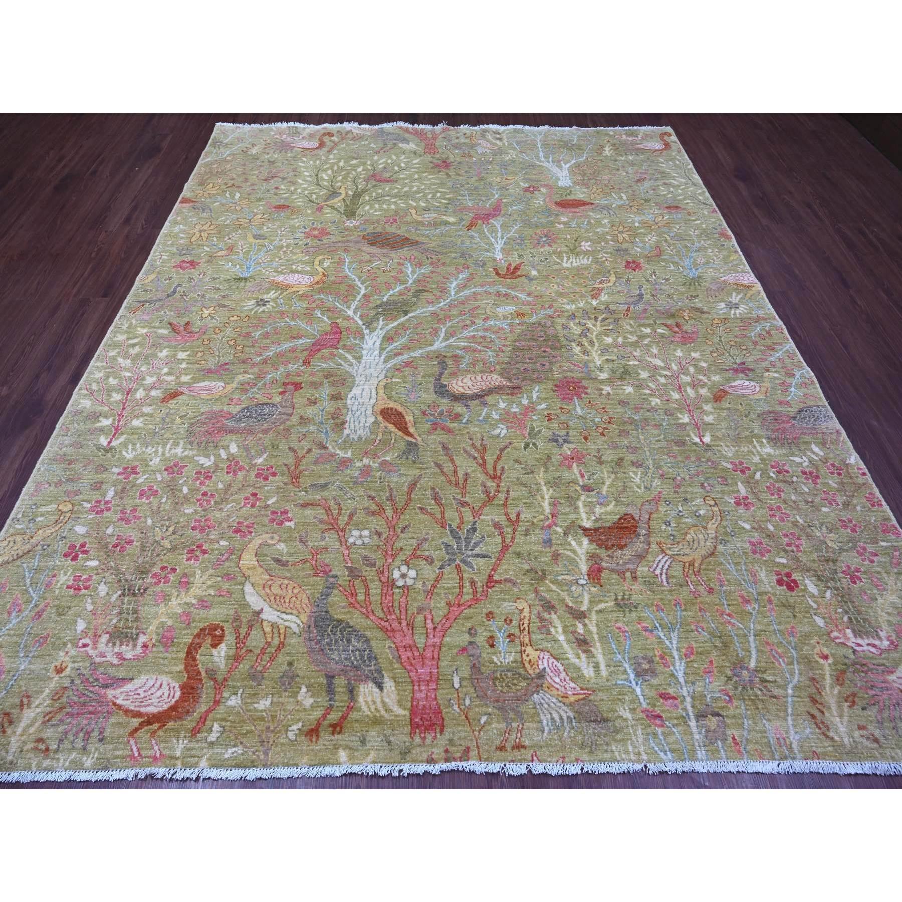 Lichen Green, Afghan Peshawar with Colorful Birds of Paradise Design, Hand Knotted, Soft Wool, Natural Dyes, Oriental Rug
Primary materials: Wool
Latex: No Pile 
height: 0.25 Inches
Style: Transitional
Primary color: Green
Secondary colors: Red,
