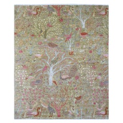 8
2"x9
9" Green Peshawar Birds of Paradise Design Hand Knotted Soft Wool Rug