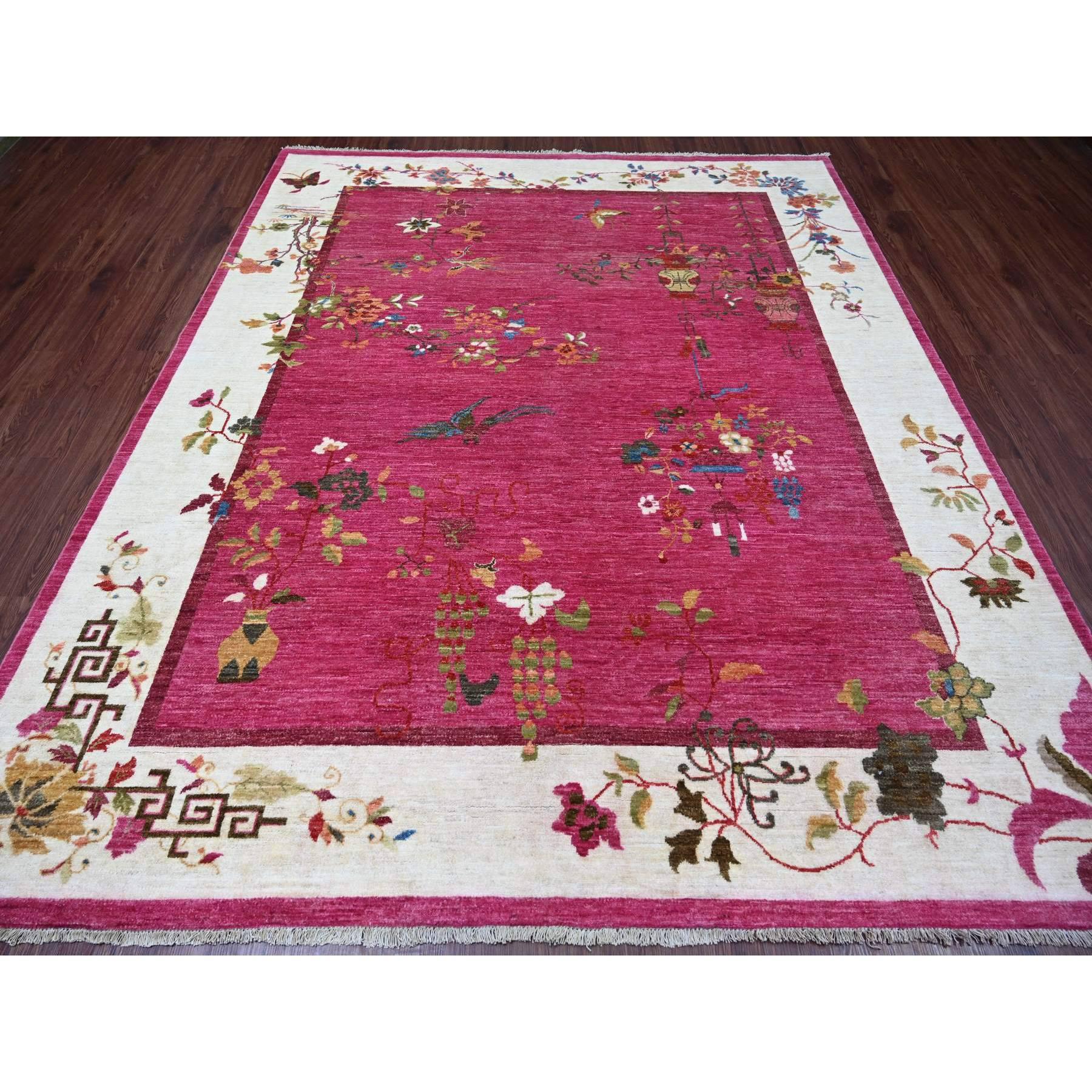Fuscia Pink, Chinese Art Deco Inspired Peshawar, Pure Wool, Vegetable Dyes, Hand Knotted, Oriental Rug
Primary materials: Wool
Latex: No Pile 
height: 0.25 Inches
Style: Transitional
Primary color: Pink
Secondary colors: Blue, Yellow, Brown, Green,