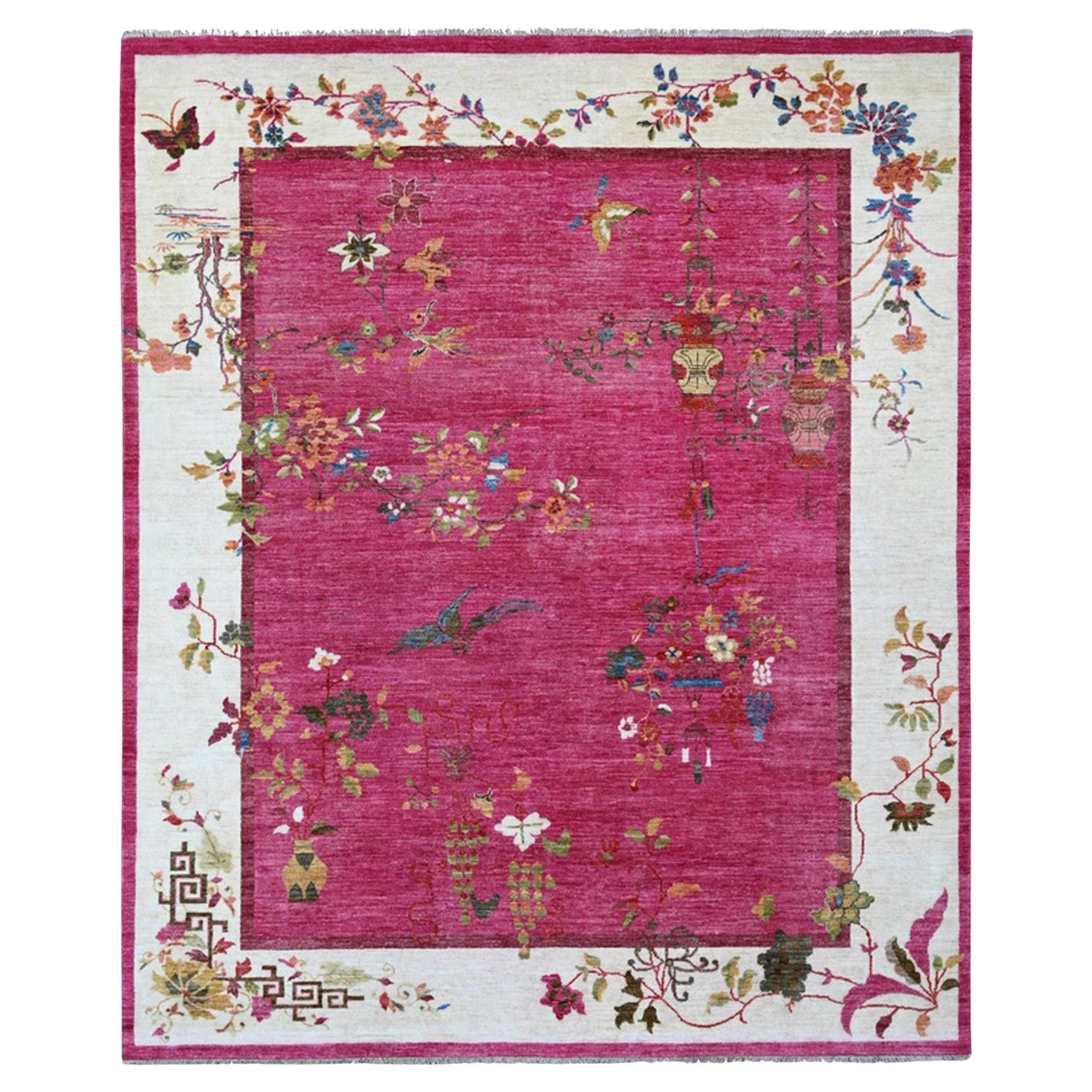 8
2"x9
9" Hot Pink Pure Wool Chinese Art Deco Inspired Peshawar Hand Knotted Rug