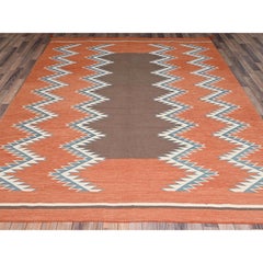 8'2"x9'9" Orange Hand Woven Southwest Geometric Design Flat Weave Pure Wool Rug