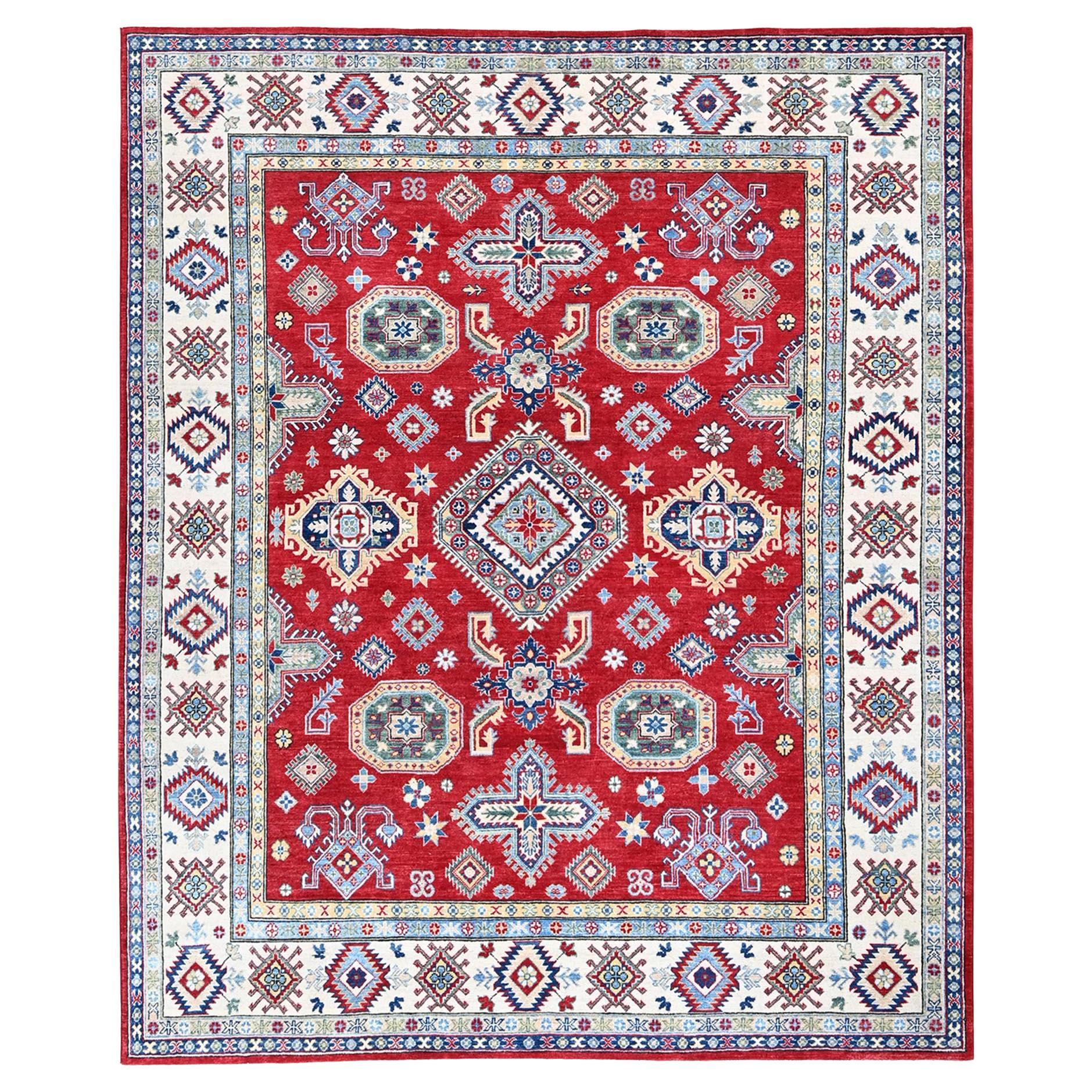 8
2 "x9
9" Tapis en laine douce nouée à la main Kazak rouge à motifs de médaillons géométriques