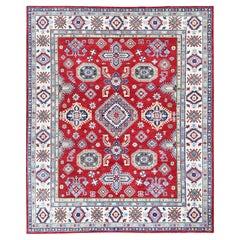 8
2 "x9
9" Tapis en laine douce nouée à la main Kazak rouge à motifs de médaillons géométriques
