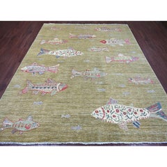 8'2 "x9'9" Sumpfgrüner handgeknüpfter afghanischer Peshawar Fish Design Wolle Orientteppich