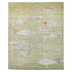 8'2 "x9'9" Sumpfgrüner handgeknüpfter afghanischer Peshawar Fish Design Wolle Orientteppich