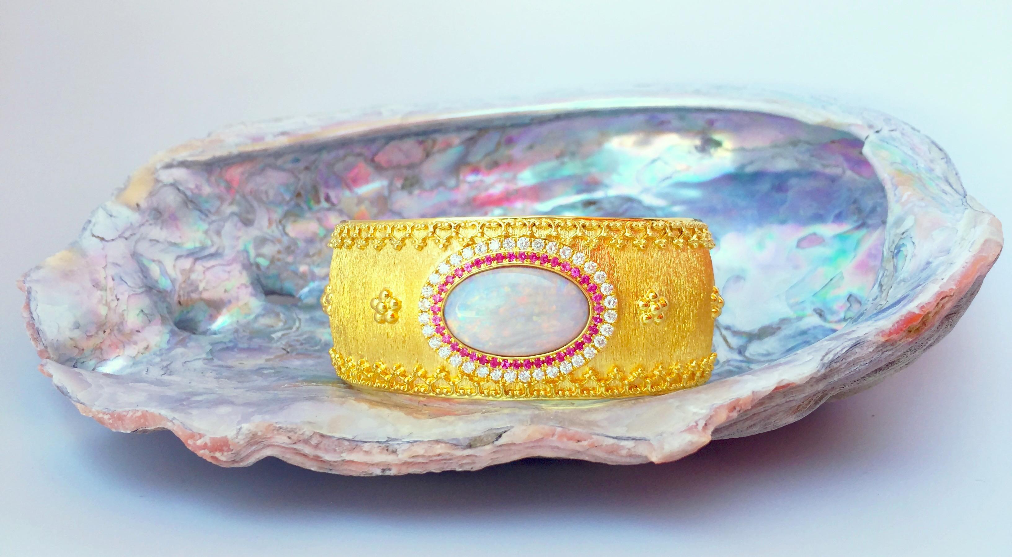 8.3 Carat Australian Coober Pedy Opal, Diamonds, Rubies Etruscan Cuff Bracelet For Sale 2