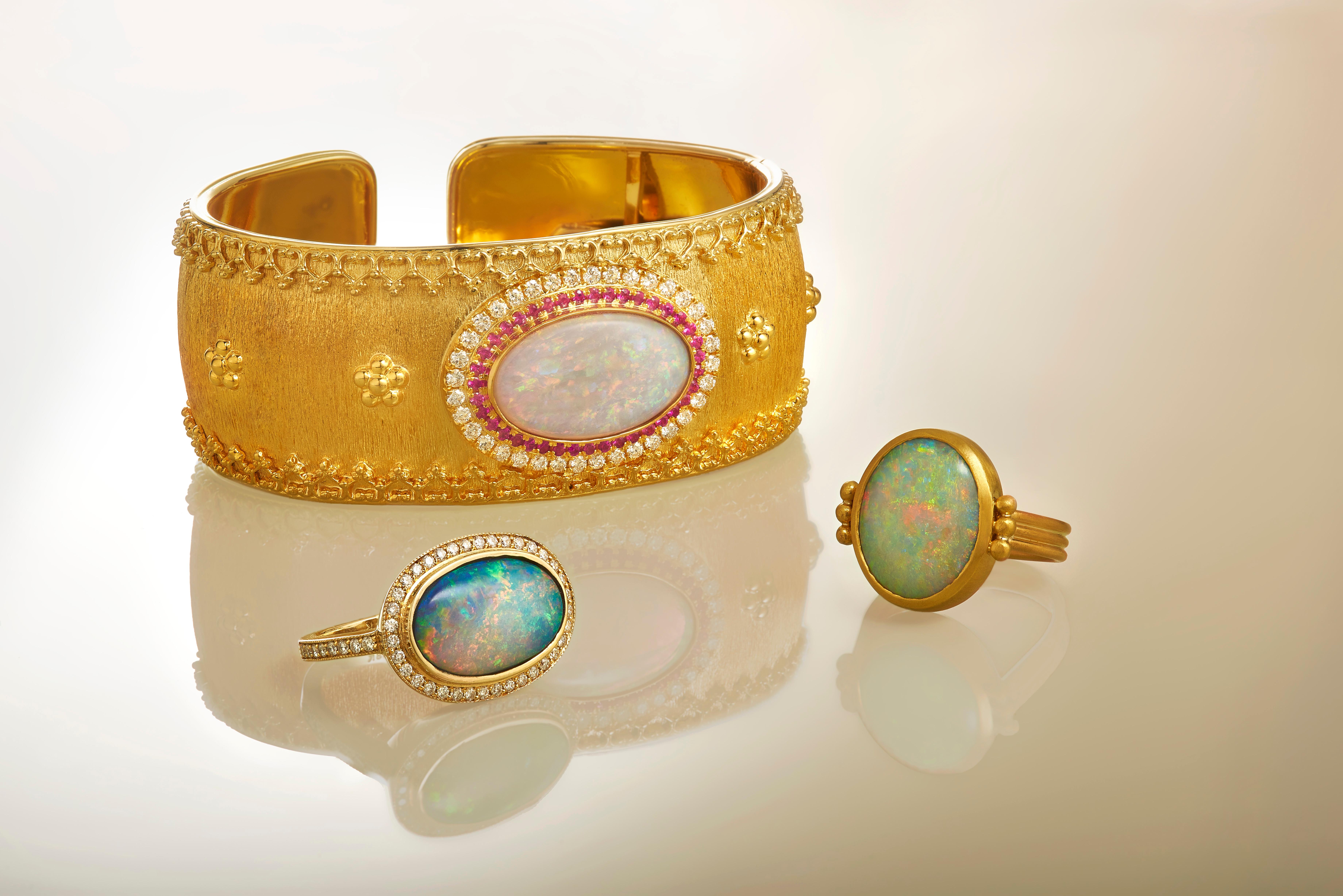 8.3 Carat Australian Coober Pedy Opal, Diamonds, Rubies Etruscan Cuff Bracelet For Sale 4