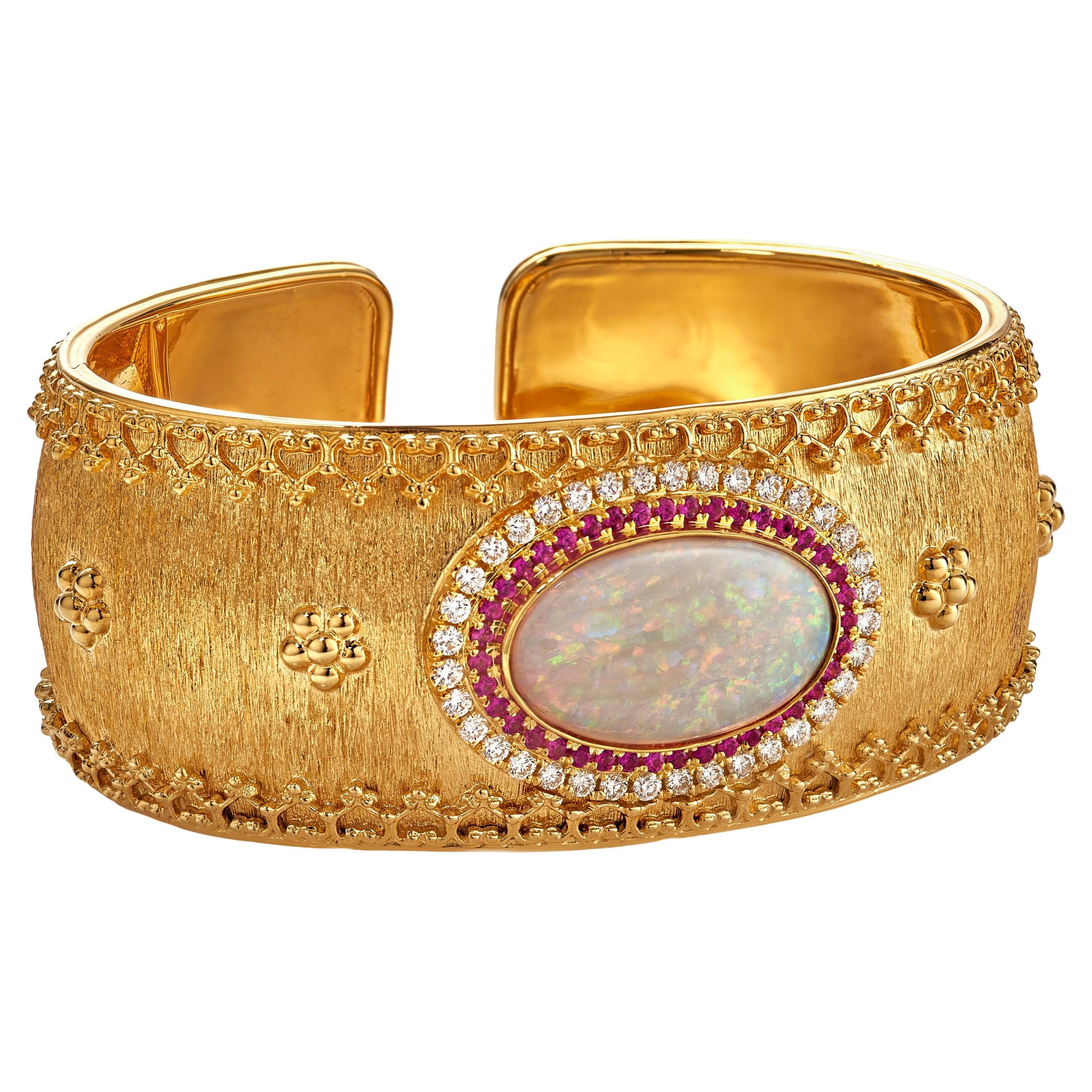 8.3 Carat Australian Coober Pedy Opal, Diamonds, Rubies Etruscan Cuff Bracelet For Sale