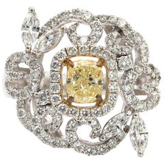 .83 Carat Fancy Yellow Cushion Diamond Flower Shaped Ring 18 Karat