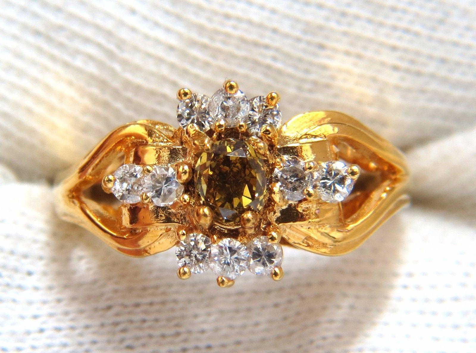 Women's or Men's .83 Carat Natural Fancy Vivid Yellow Brown Diamond Ring 14 Karat