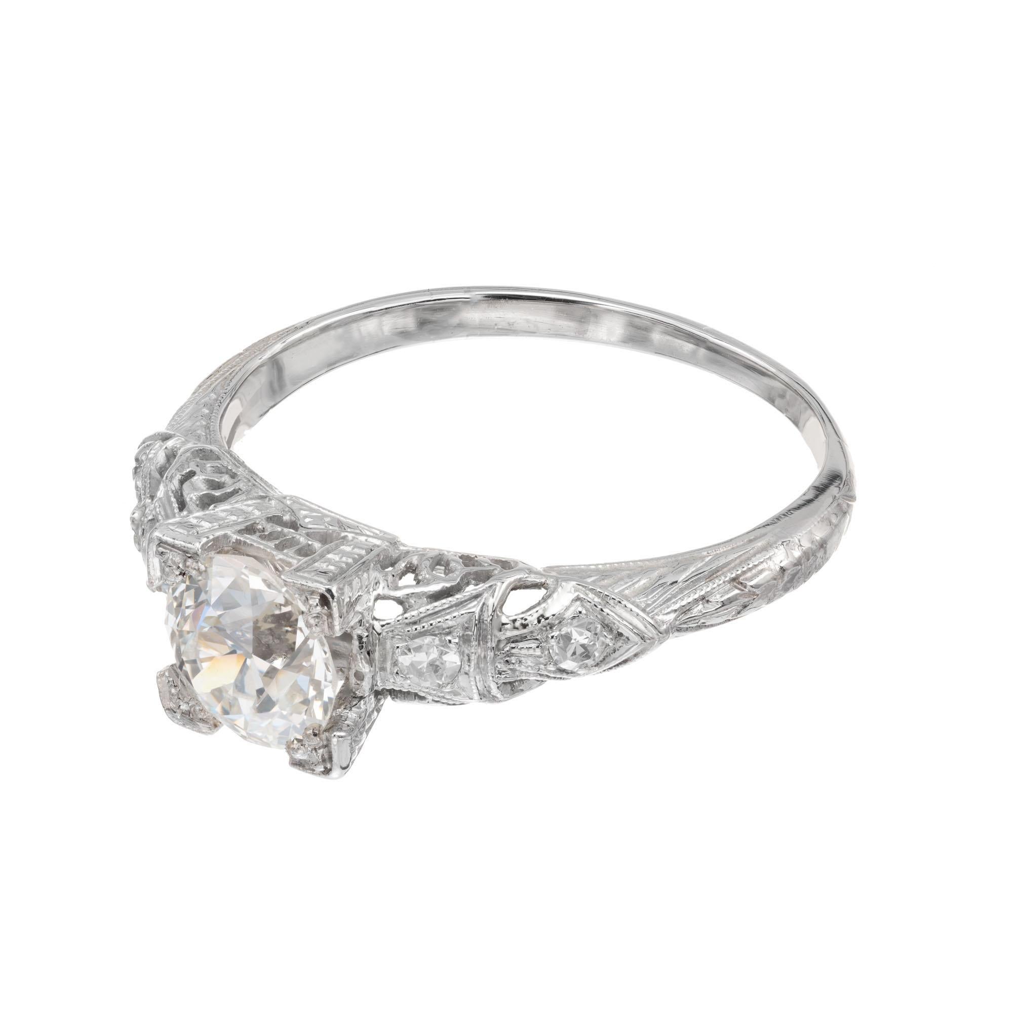 Old European Cut .83 Carat Old European Diamond Filigree Platinum Art Deco Engagement Ring