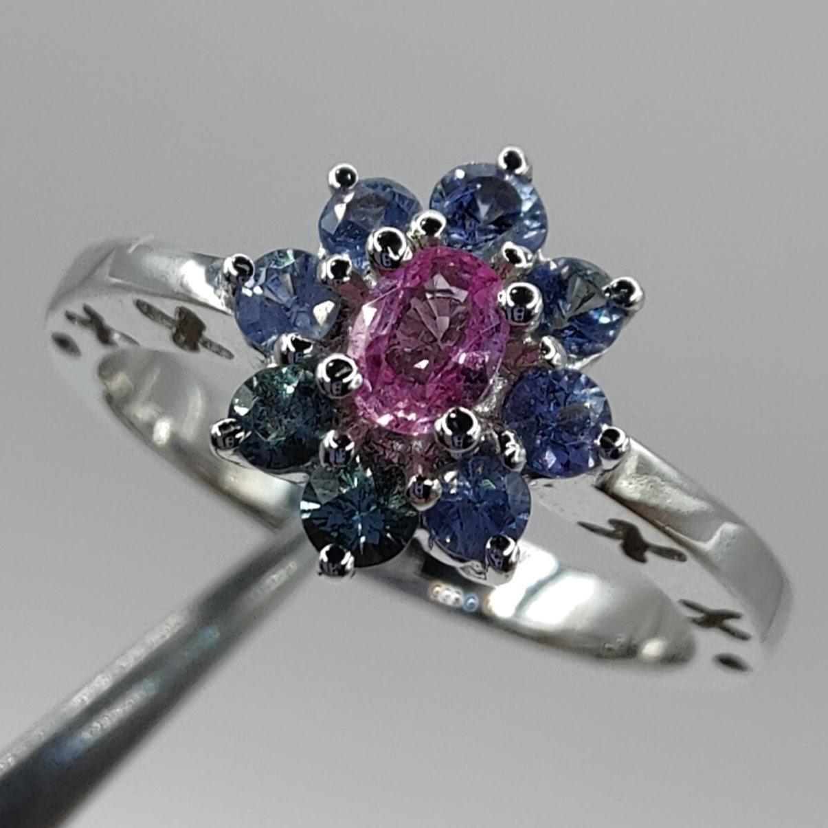 Round Cut .83 Carat Pink & Blue Sapphire Flower Ring in 18K White Gold For Sale