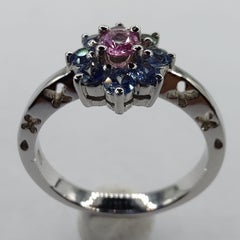 .83 Carat Pink & Blue Sapphire Flower Ring in 18K White Gold