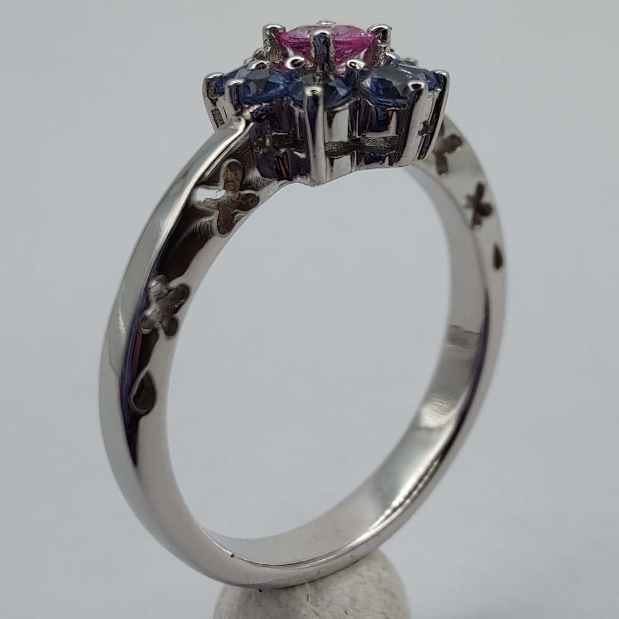 Women's .83 Carat Pink & Blue Sapphire Flower Ring in 18K White Gold For Sale