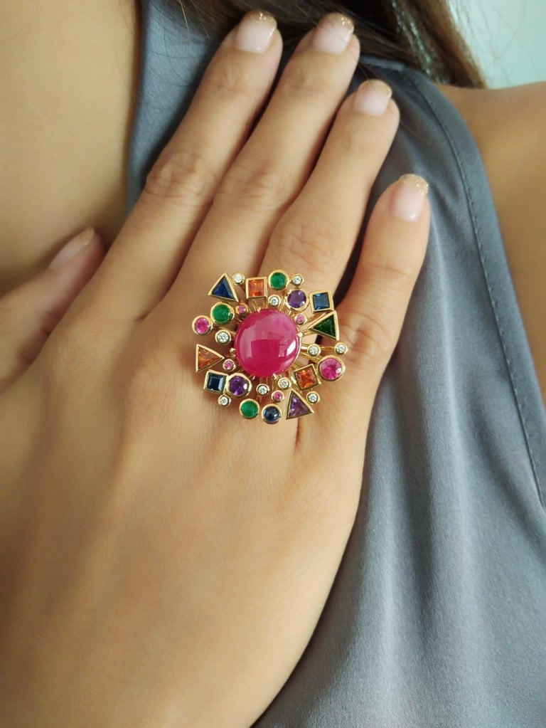 8.3 Carat Ruby Cabochon Multi Coloured Ring With Emerald Band In 18k ...