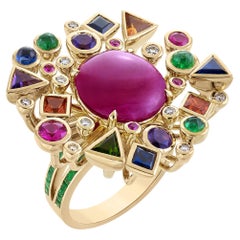 8.3 Carat Ruby Cabochon Multicolored Ring with Emerald Band in 18 Karat Gold