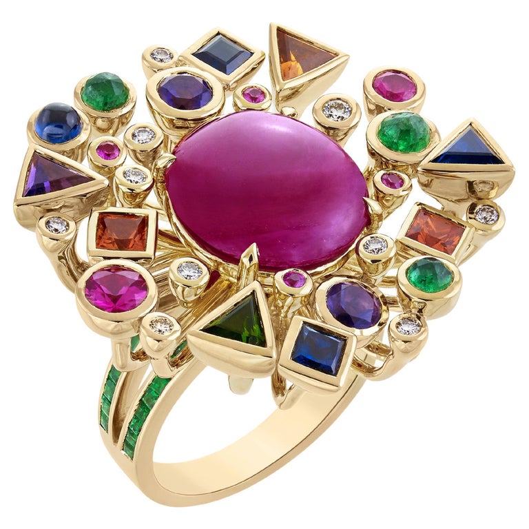 8.3 Carat Ruby Cabochon Multicolored Ring with Emerald Band in 18 Karat Gold For Sale