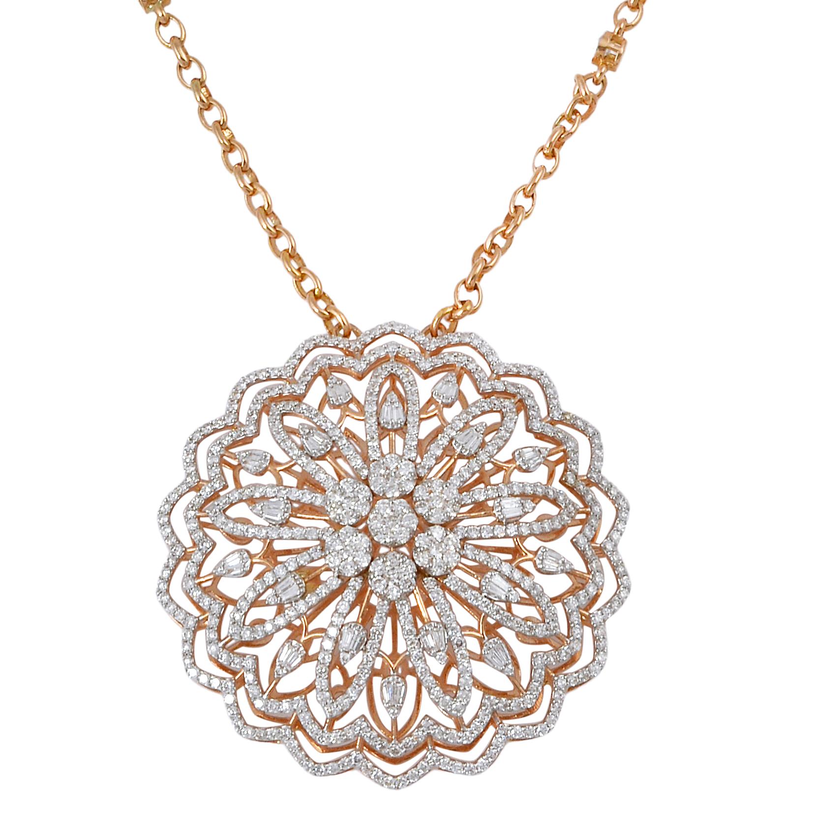 The rose gold setting beautifully complements the diamonds, adding a warm and romantic touch to the necklace. The 18 Karat gold is known for its luxurious and enduring quality, making this necklace a timeless treasure that will be cherished for