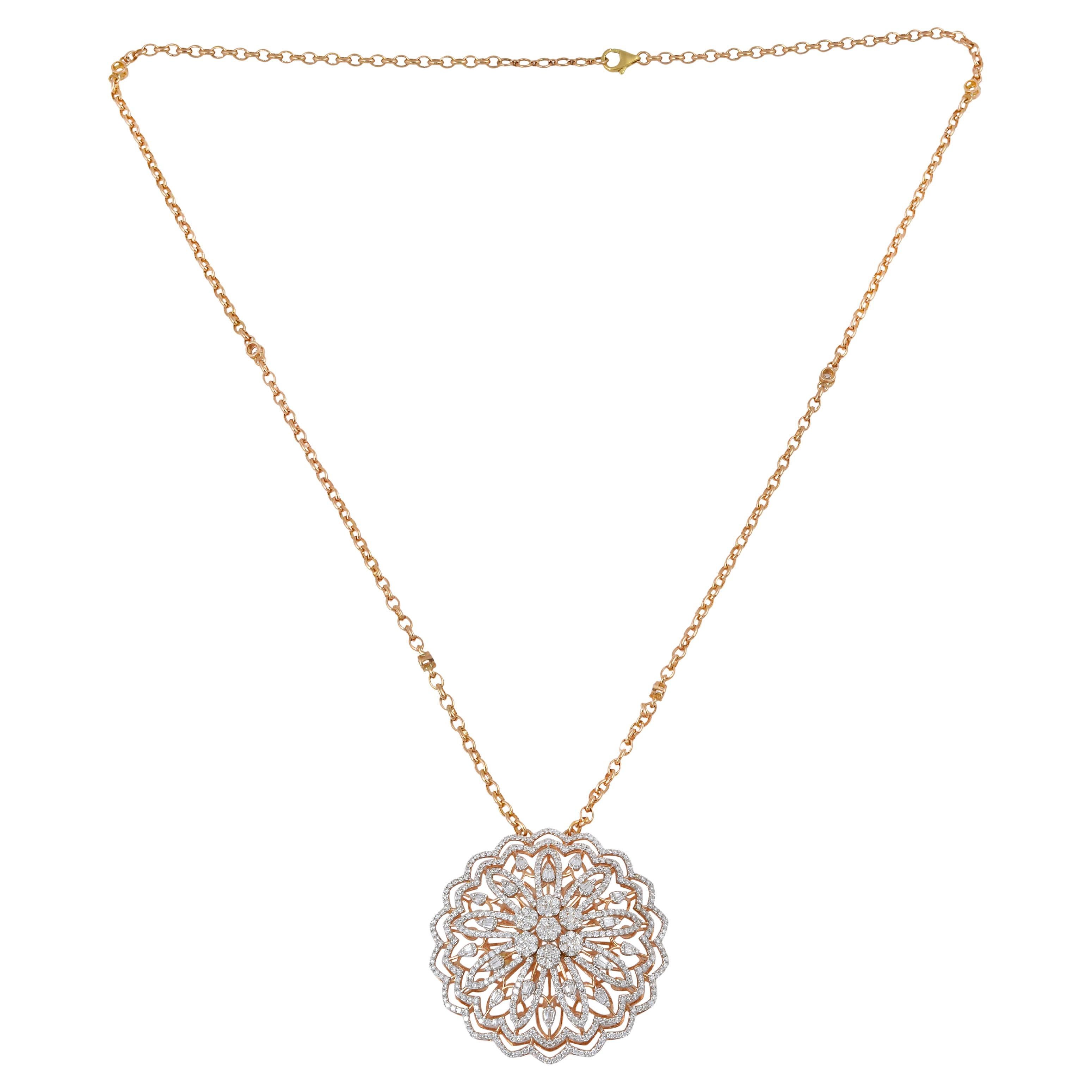 8.3 Carat SI Clarity HI Color Diamond Flower Pendant Necklace 18 Karat Rose Gold