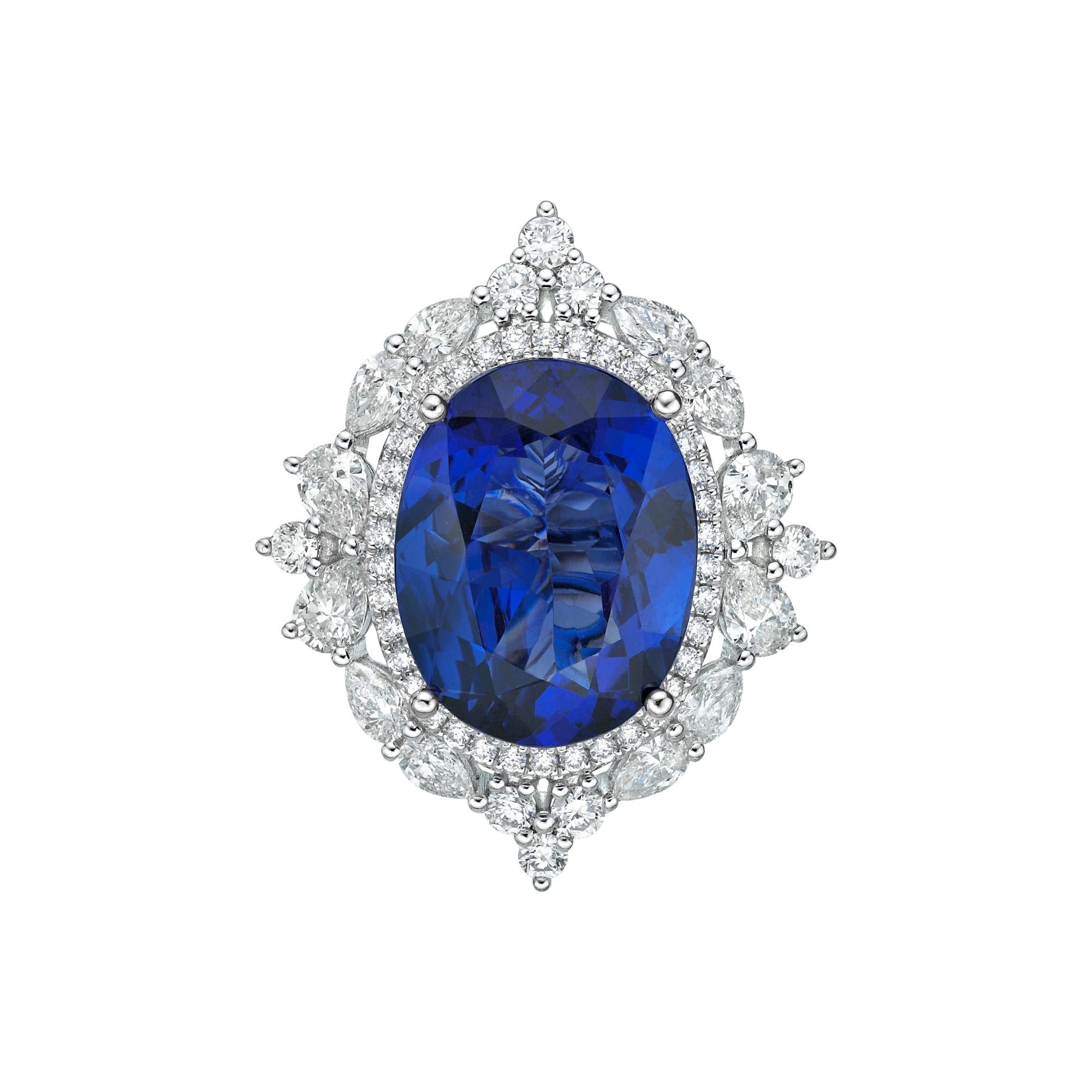 Oval Cut 8.3 Carat Tanzanite and White Diamond Ring in 18 Karat White Gold For Sale