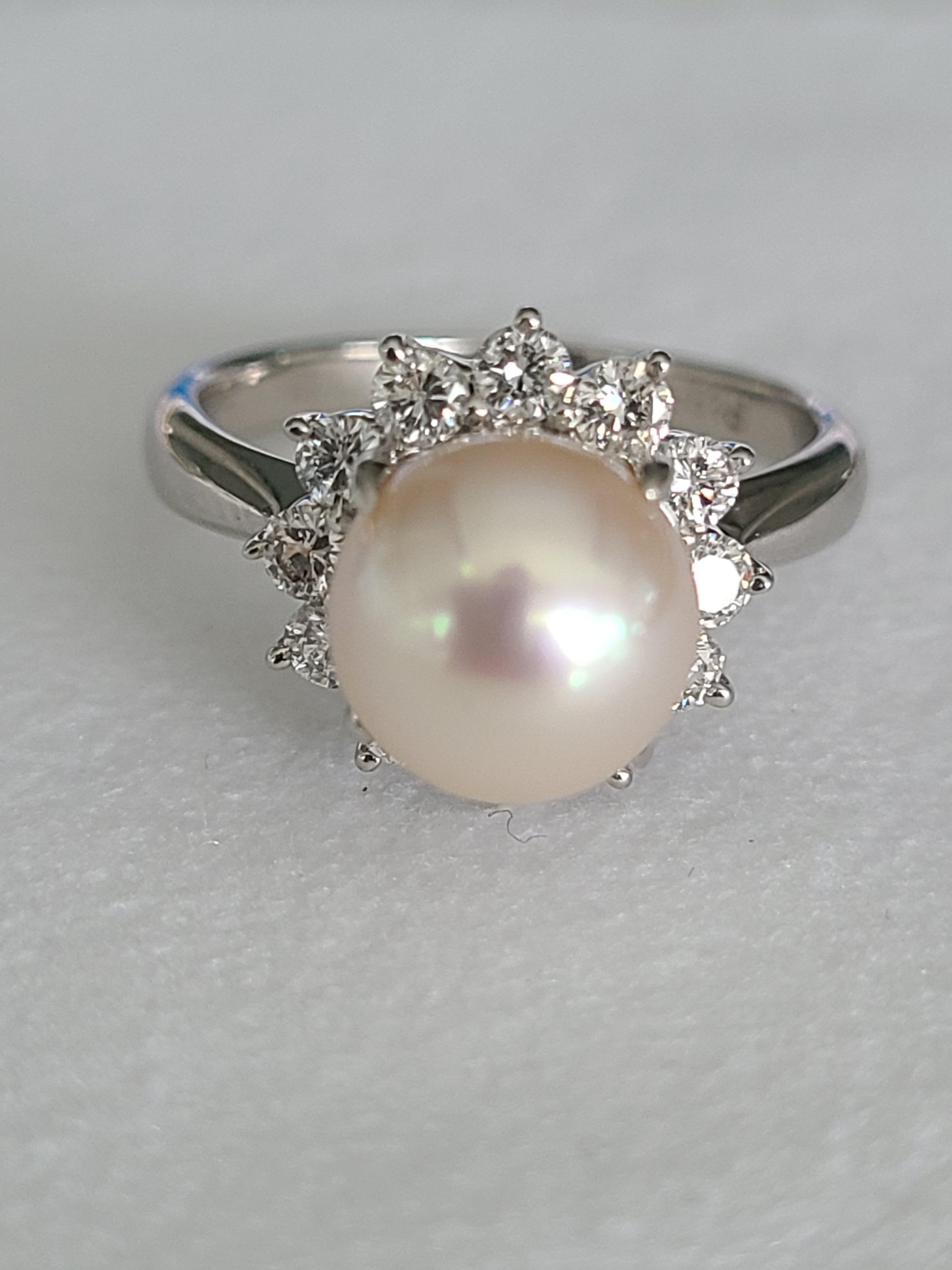 A simple and elegant South Sea Pearl ring set in Platinum PT850 . The pearl is 8.3 mm and diamond weight is .57 carats . The ring dimensions in cm 1 x 1 x 2.6 (LXWXH). US size 6. 