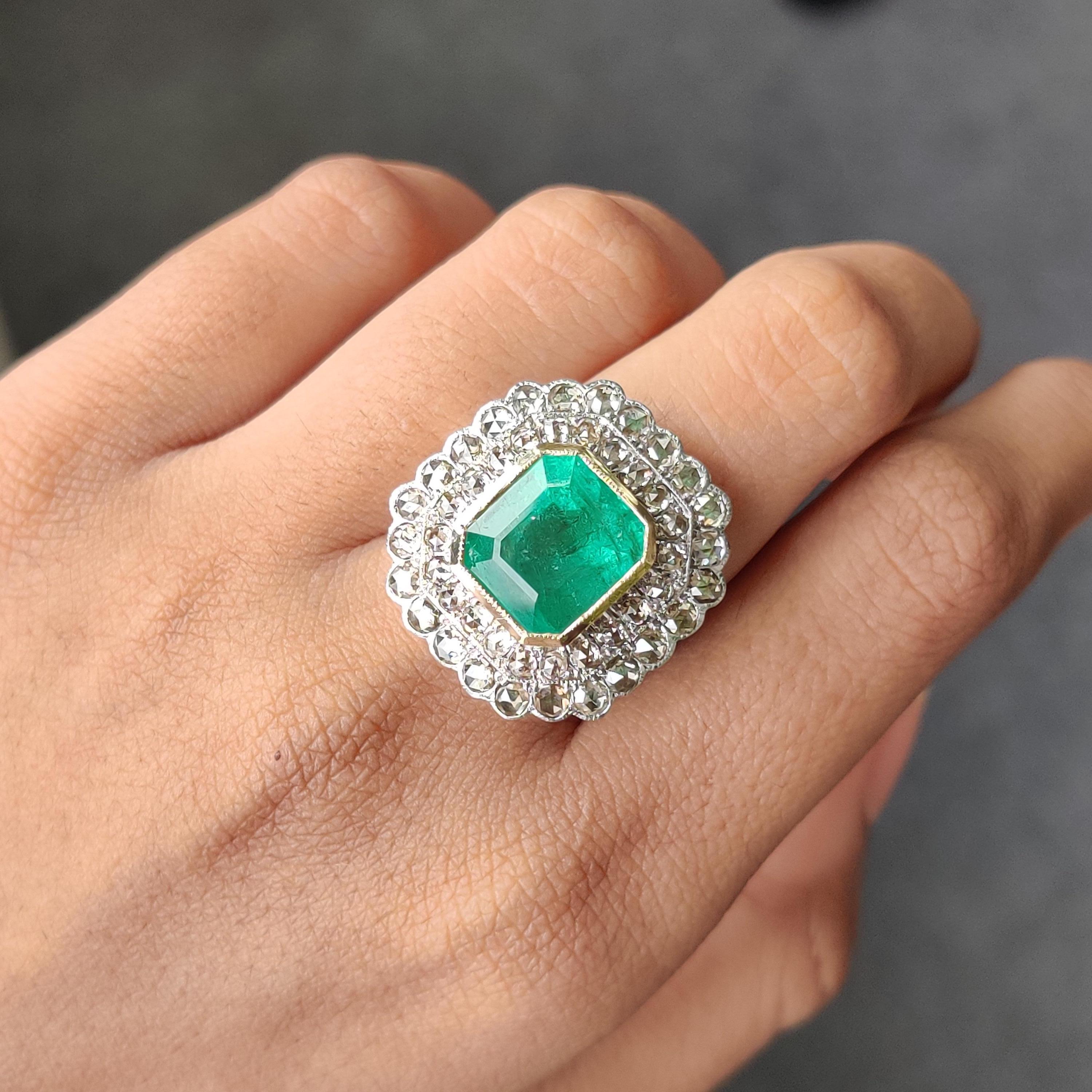 Women's or Men's Certified 8.30 Carat Art Deco Style Emerald Ring with Rose Cut Diamonds  For Sale