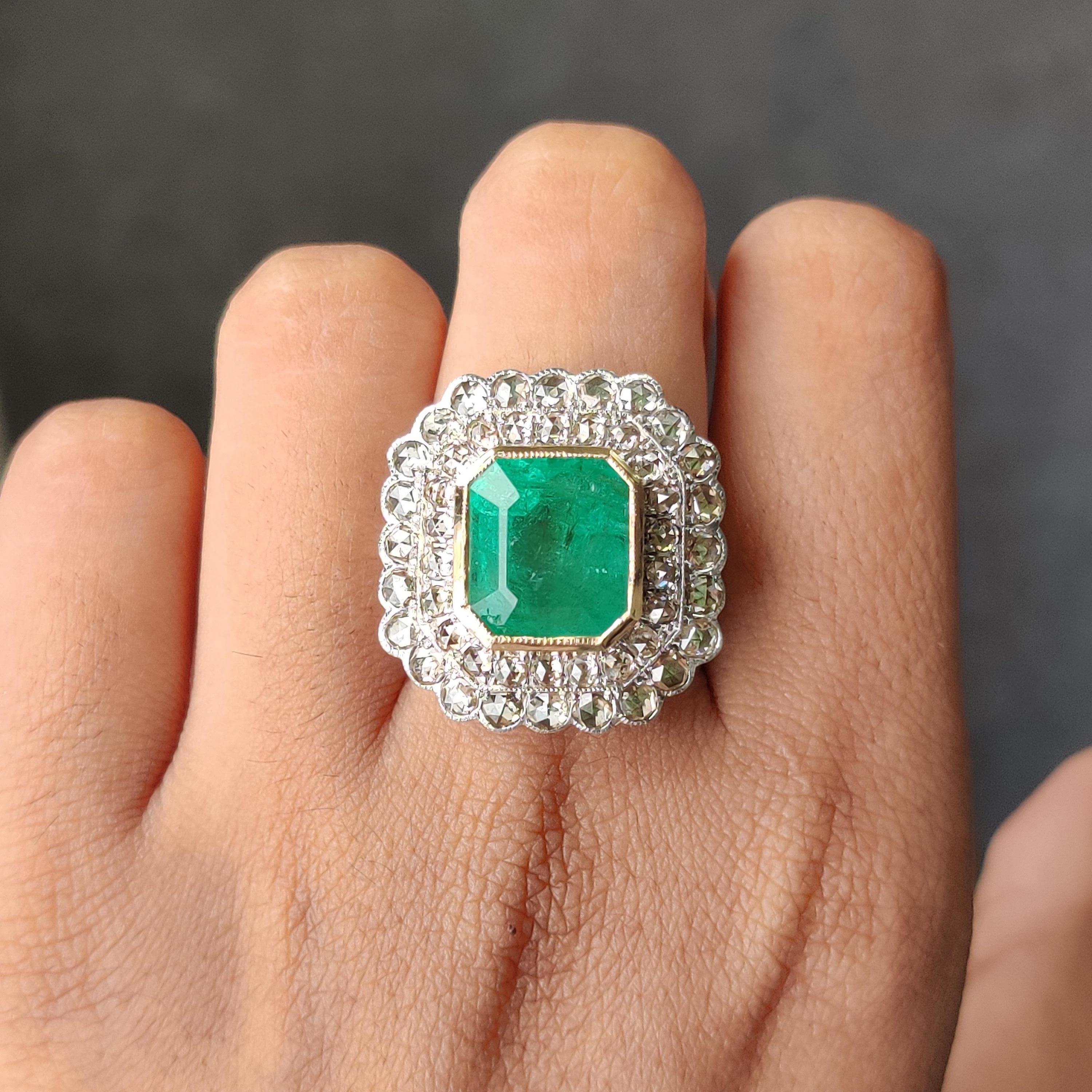Certified 8.30 Carat Art Deco Style Emerald Ring with Rose Cut Diamonds  For Sale 1