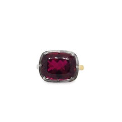 8.30 Carat Cushion Cut Rubellite Black Bezel and Yellow Gold Ring