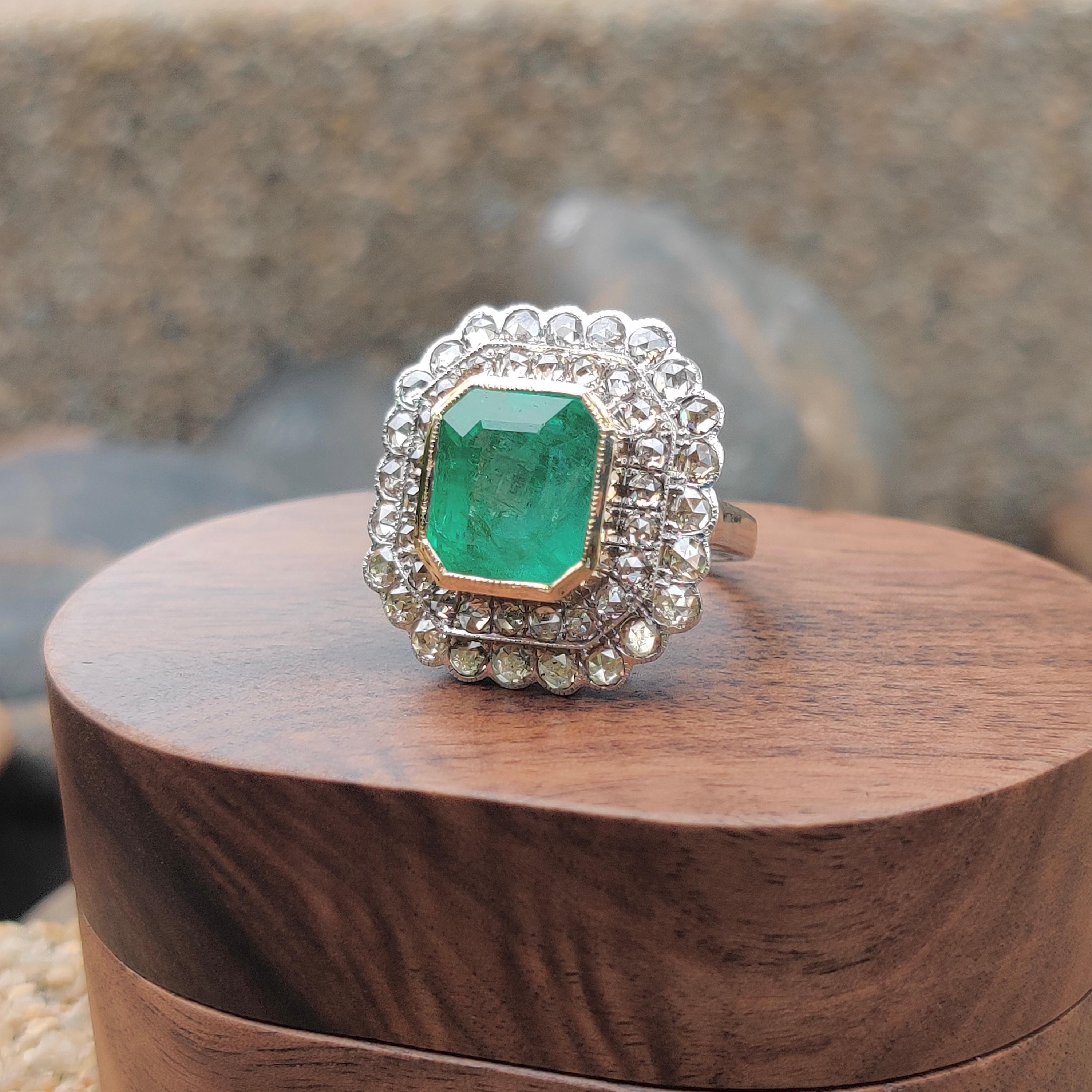 Emerald Cut Certified 8.30 Carat Art Deco Style Emerald Ring with Rose Cut Diamonds  For Sale