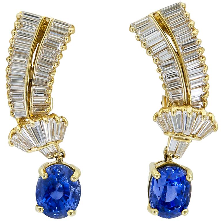 8.30 Carat Oval Cut Blue Sapphire and Diamond Clip-On Drop Earrings For Sale