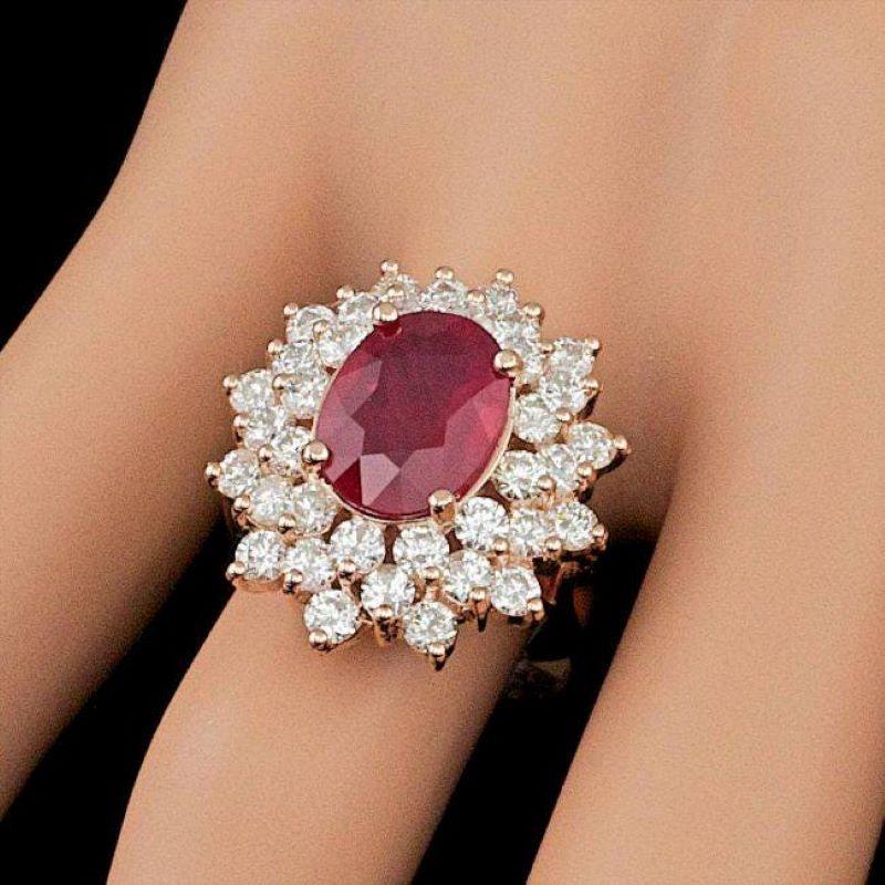 Mixed Cut 8.30 Carats Natural Red Ruby and Diamond 14K Solid Rose Gold Ring For Sale