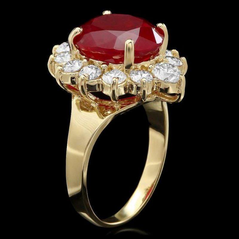 8.30 Carats Natural Red Ruby and Diamond 14K Solid Yellow Gold Ring

Total Red Ruby Weight is: Approx. 6.90 Carats

Natural Oval Red Ruby Measures: Approx. 12.00 x 10.00mm

Ruby treatment: Fracture Filling

Natural Round Diamonds Weight: Approx.