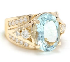 8.30 Ct Natural Aquamarine and Diamond 18k Solid Yellow Gold Ring