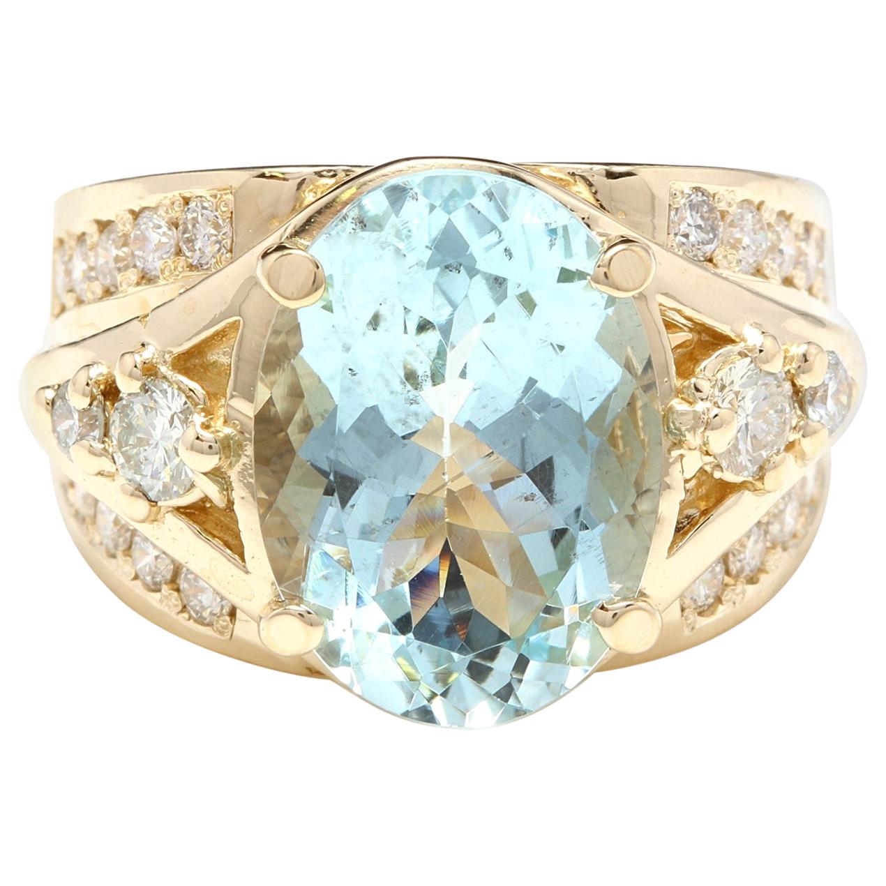 8.30 Ct Natural Aquamarine and Diamond 18k Solid Yellow Gold Ring For Sale