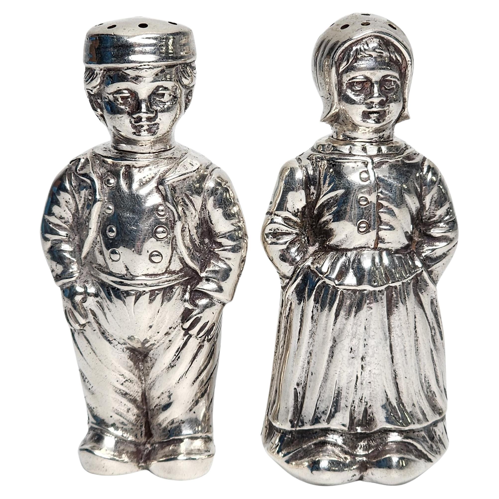 830 Silver Dutch Boy and Girl Figural Salt & Pepper Shakers #16020 For Sale