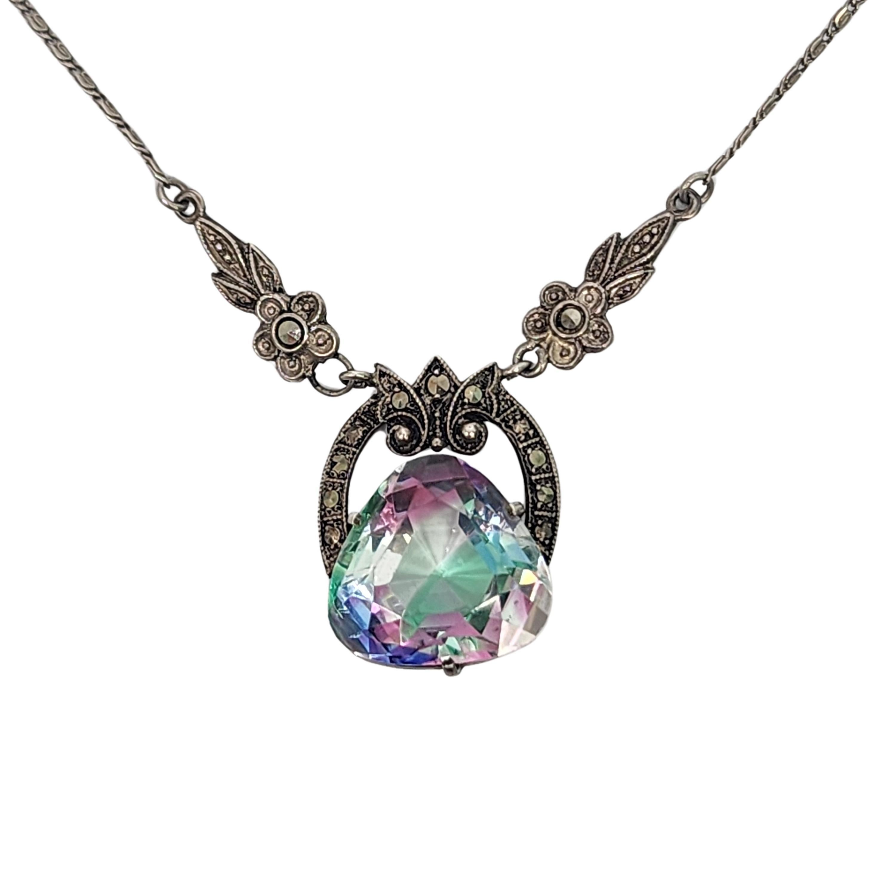 Round Cut 830 Silver Iris Glass Marcasite Pendant Necklace #16602 For Sale