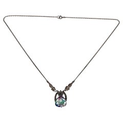 830 A Silver Iris Glass Marcasite Pendant Necklace #16602