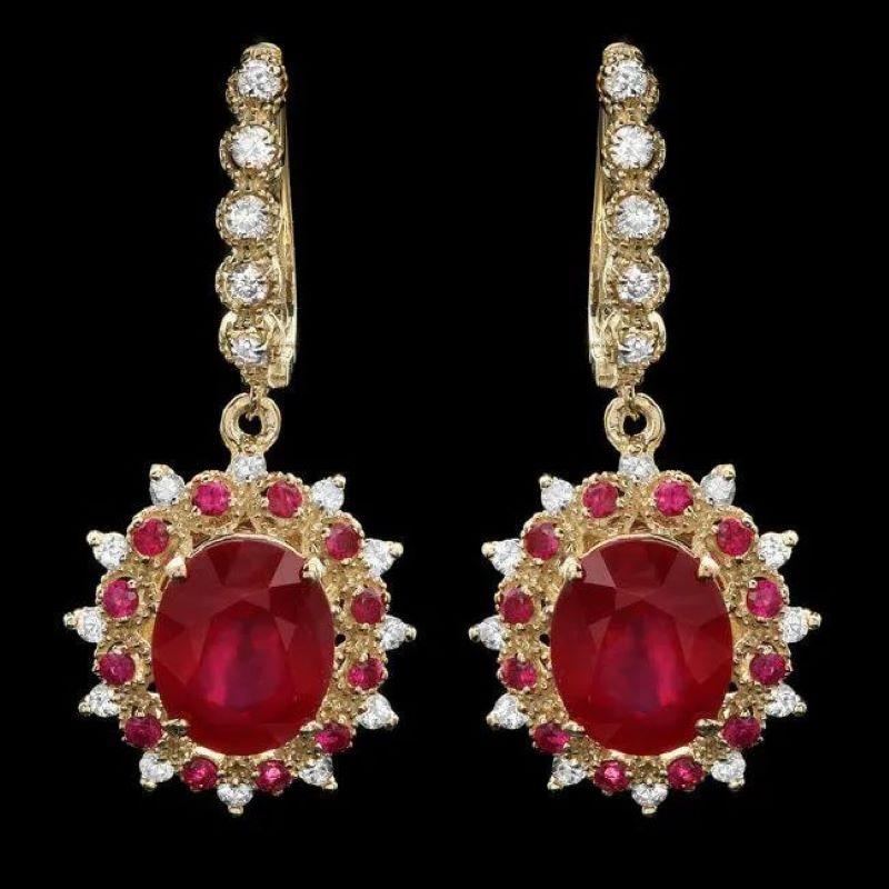 Mixed Cut 8.30Ct Natural Ruby and Diamond 14K Solid Yellow Gold Earrings For Sale