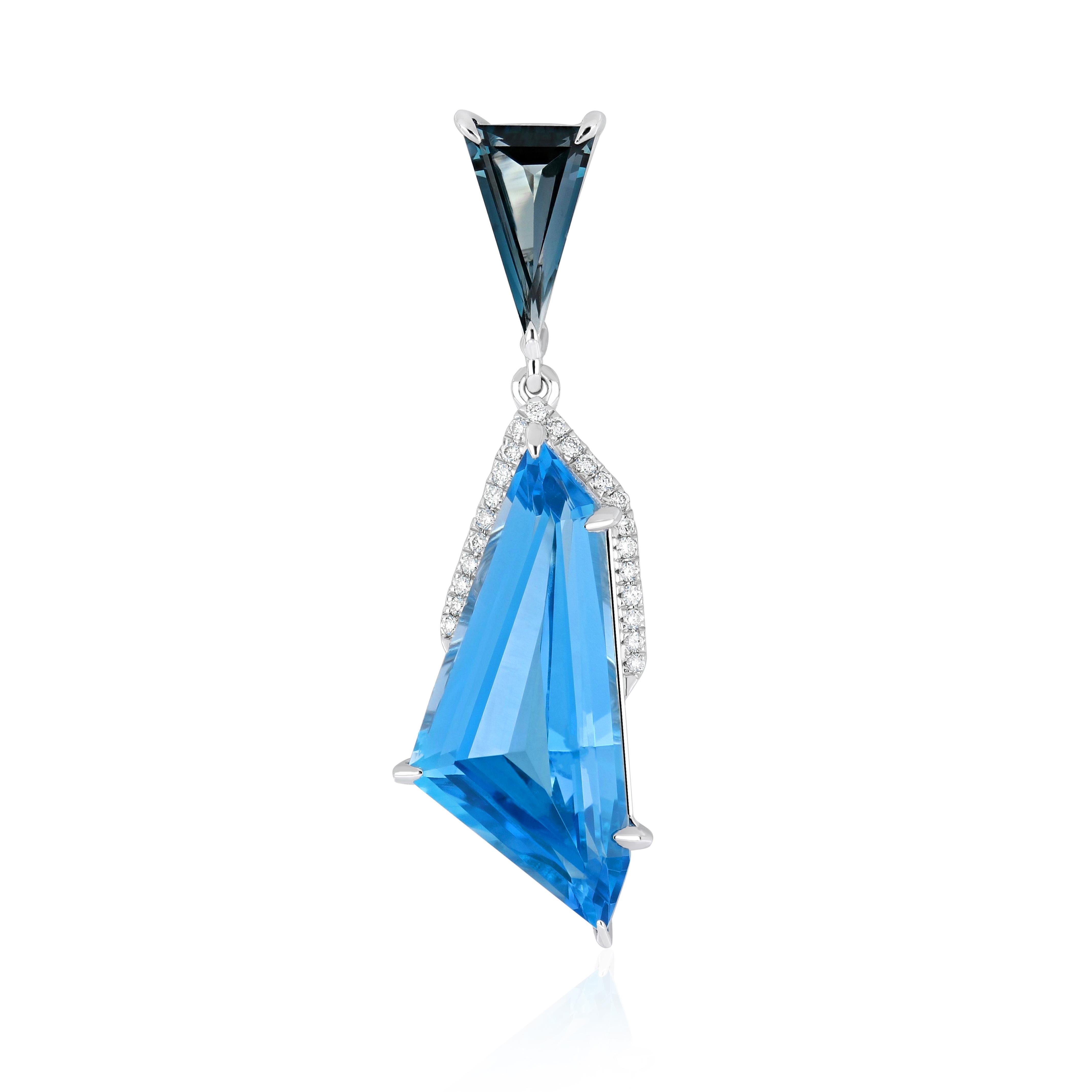 8.30Ct's Swiss Blue Topaz, London Blue Topaz and Diamond Pendant 14k White Gold For Sale 6